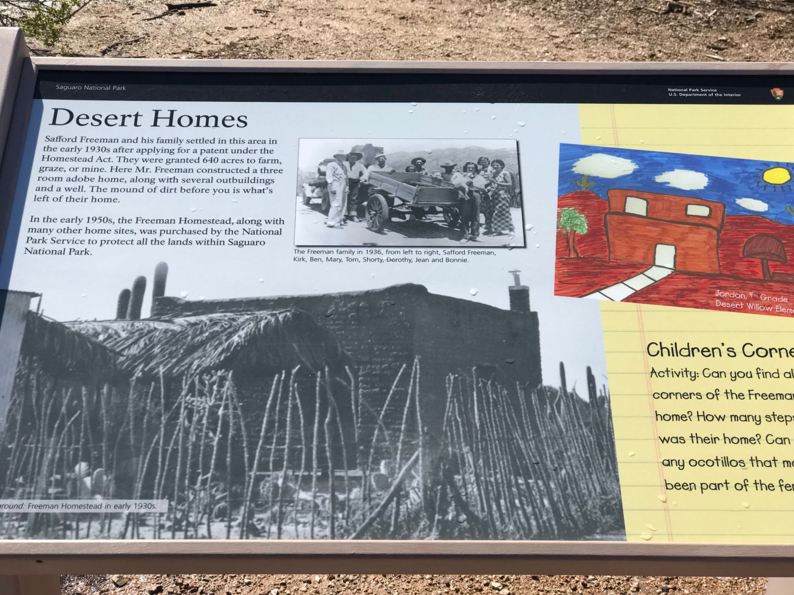 Saguaro National Park plaque with information on Desert Homes