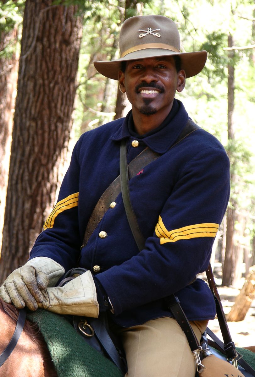 Ranger Shelton Johnson posing as Elizy Boman, a Buffalo Soldier who served in Yosemite National Park in 1903 and 1904. Photo Credit: NPS