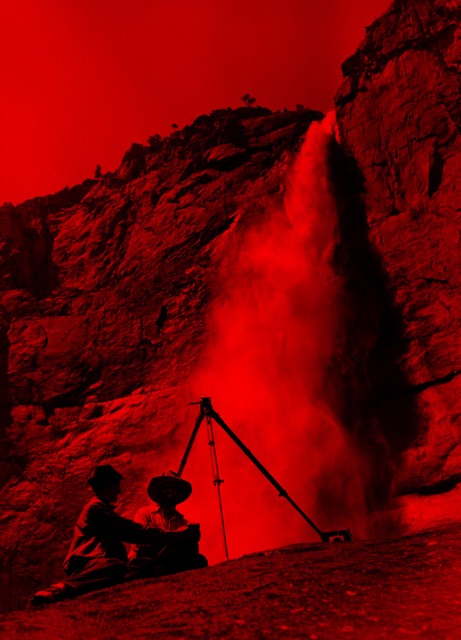 Ansel Adams and son, Michael at base of Yosemite Falls, 1950 by George Waters from the Adams family archive